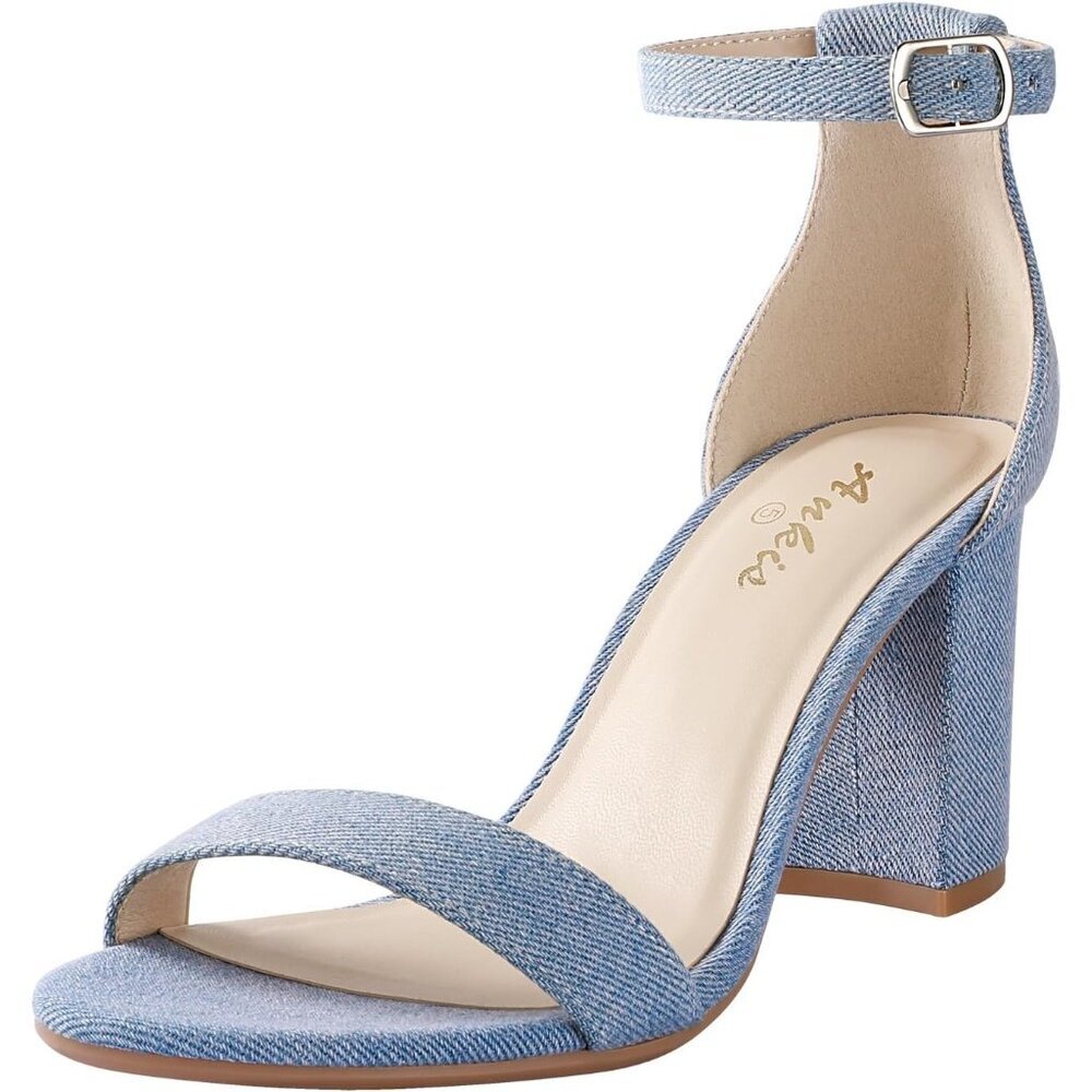 〽️Womens Denim Blue Open Toe Ankle Strap Chunky Heel Sandals with 2.75 Inch Heel